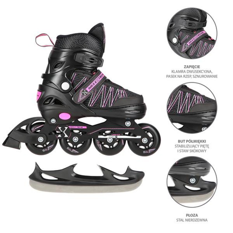 NH11912 A 2IN1 BLACK/PINK SIZE L(39-42) IN-LINE SKATES/HOCKEY ICE SKATES