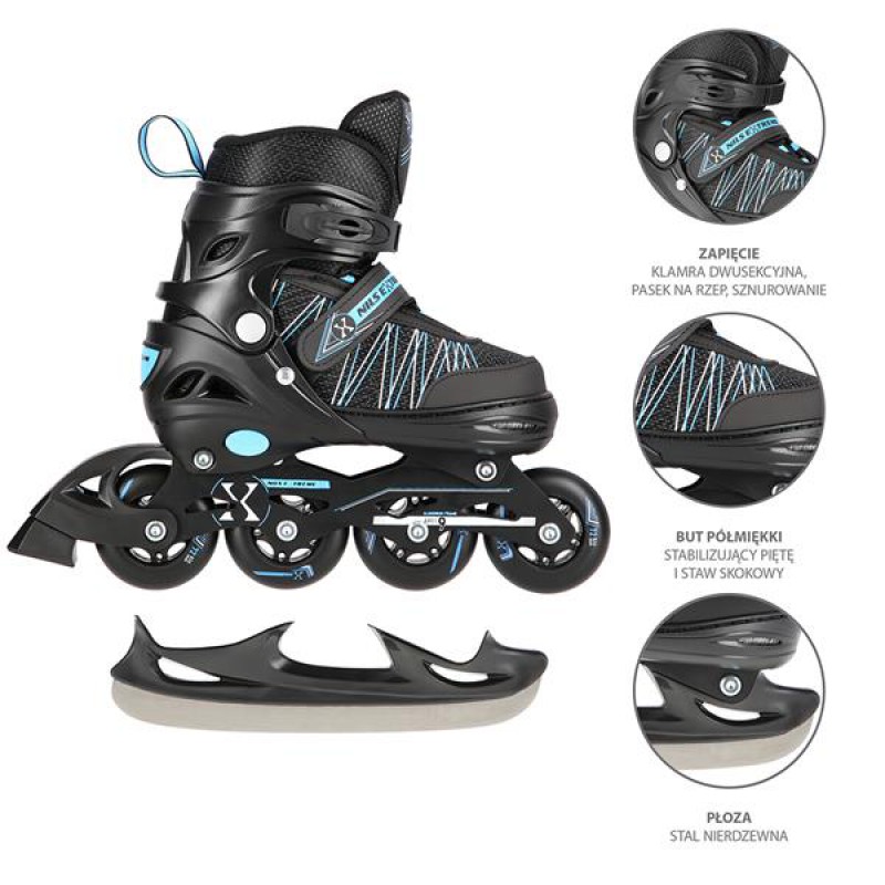 NH11912 A 2IN1 BLACK/BLUE SIZES(31-34) IN-LINE SKATES/HOCKEY ICE SKATES