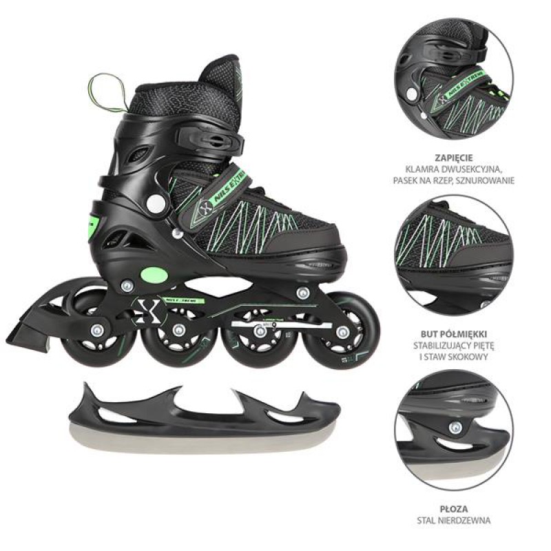 NH11912 A 2IN1 BLACK/GREEN SIZE L(39-42) IN-LINE SKATES/HOCKEY ICE SKATES